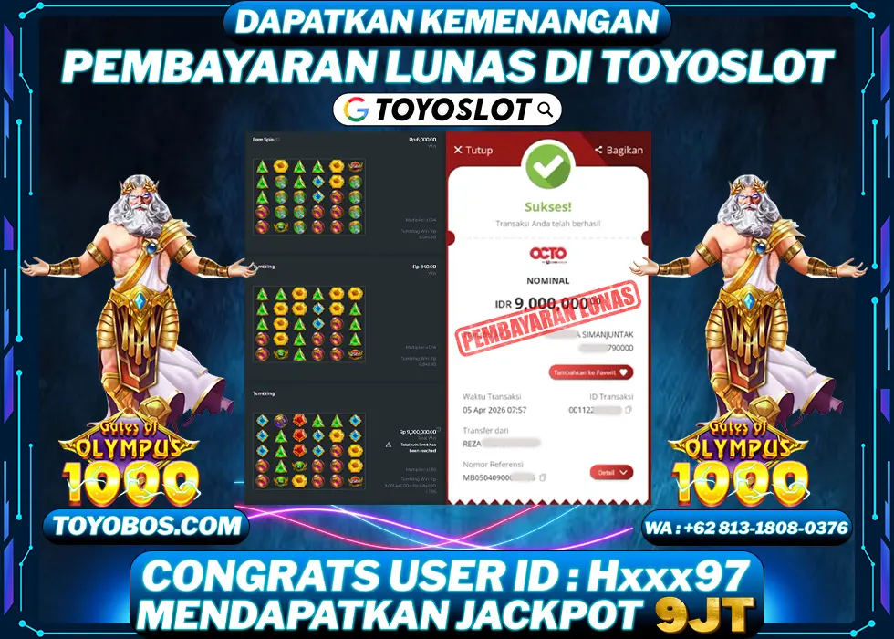 TOYOSLOT - BUKTI KEMENANGAN JACKPOT Gates of Olympus 1000 Rp9,000,000,- LUNAS